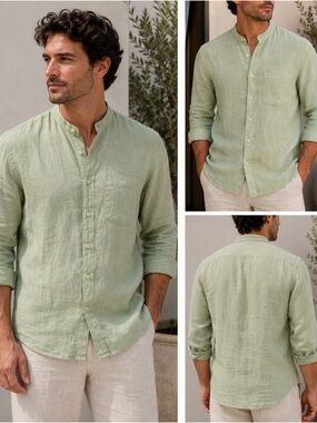 Burgoyne Ireland Green 100% Linen Button Front Shirt Est M EUC